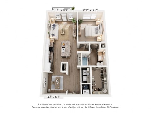 Floor plan for 1 bed, 1 bath, 817 sqft
